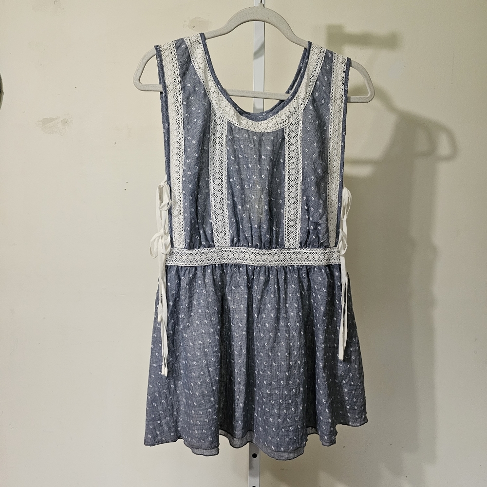 Anthropology A'Reve Linen Overlay Shirt Size Small Blue White Embroidery‎
